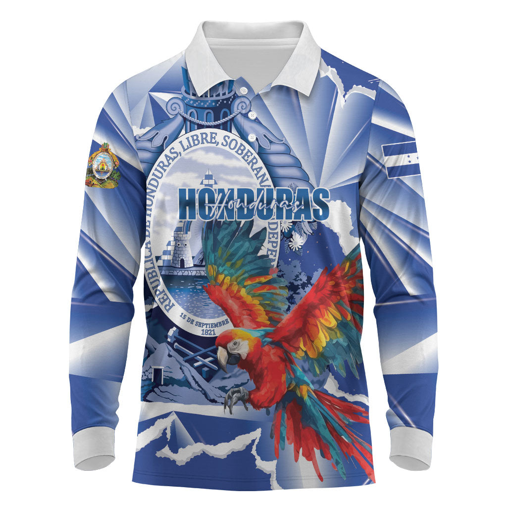 Personalized Honduras Scarlet Macaw Long Sleeve Polo Shirt Happy Independence Day