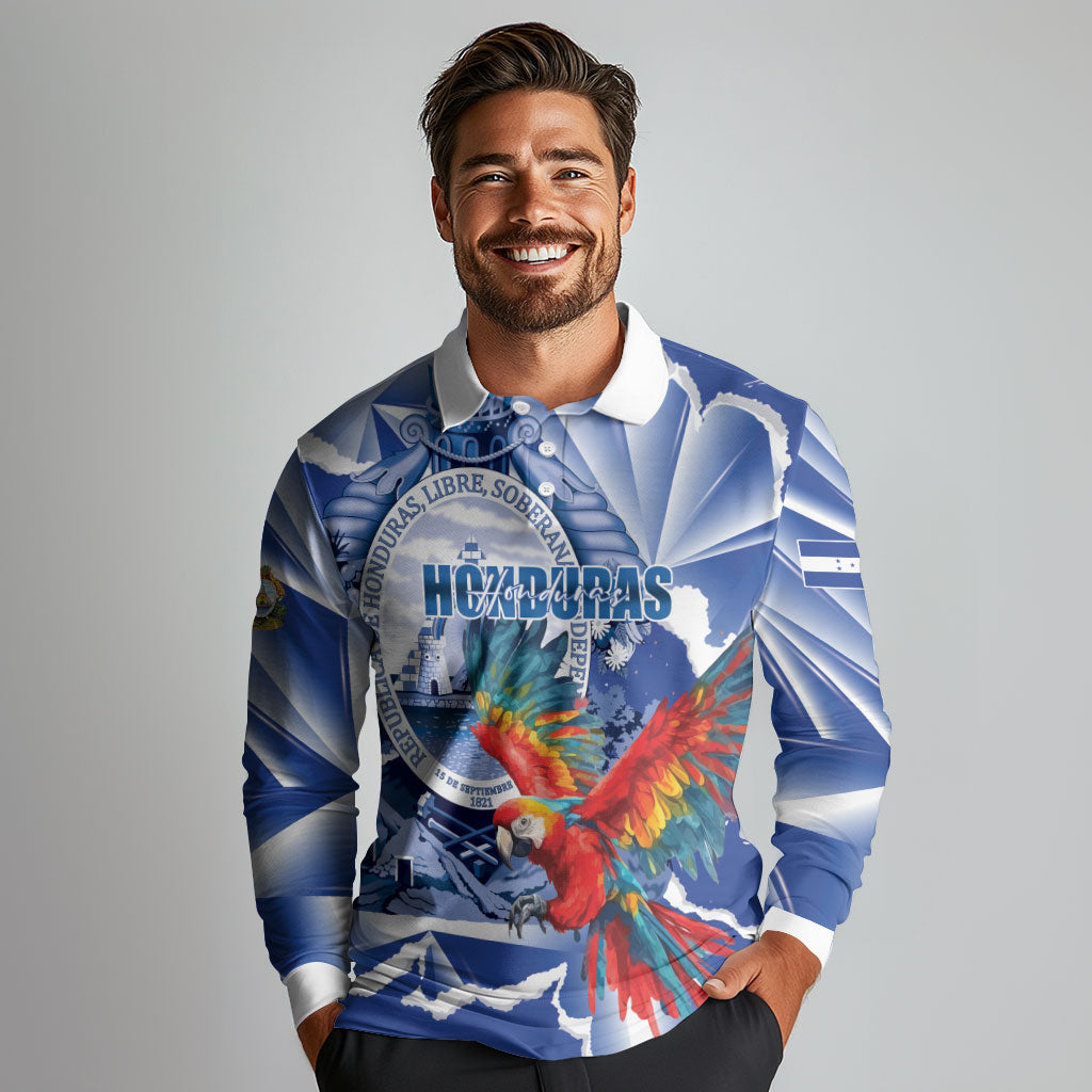 Personalized Honduras Scarlet Macaw Long Sleeve Polo Shirt Happy Independence Day