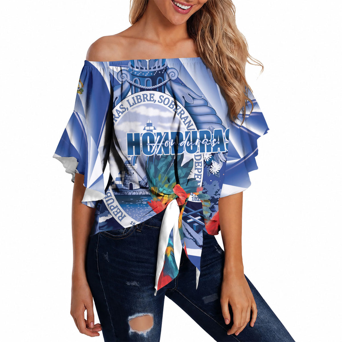 Personalized Honduras Scarlet Macaw Off Shoulder Wrap Waist Top Happy Independence Day
