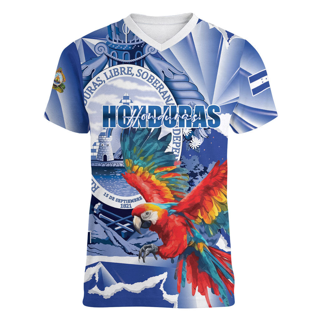 Personalized Honduras Scarlet Macaw Women V-Neck T-Shirt Happy Independence Day