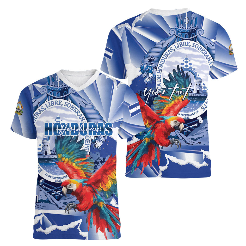 Personalized Honduras Scarlet Macaw Women V-Neck T-Shirt Happy Independence Day
