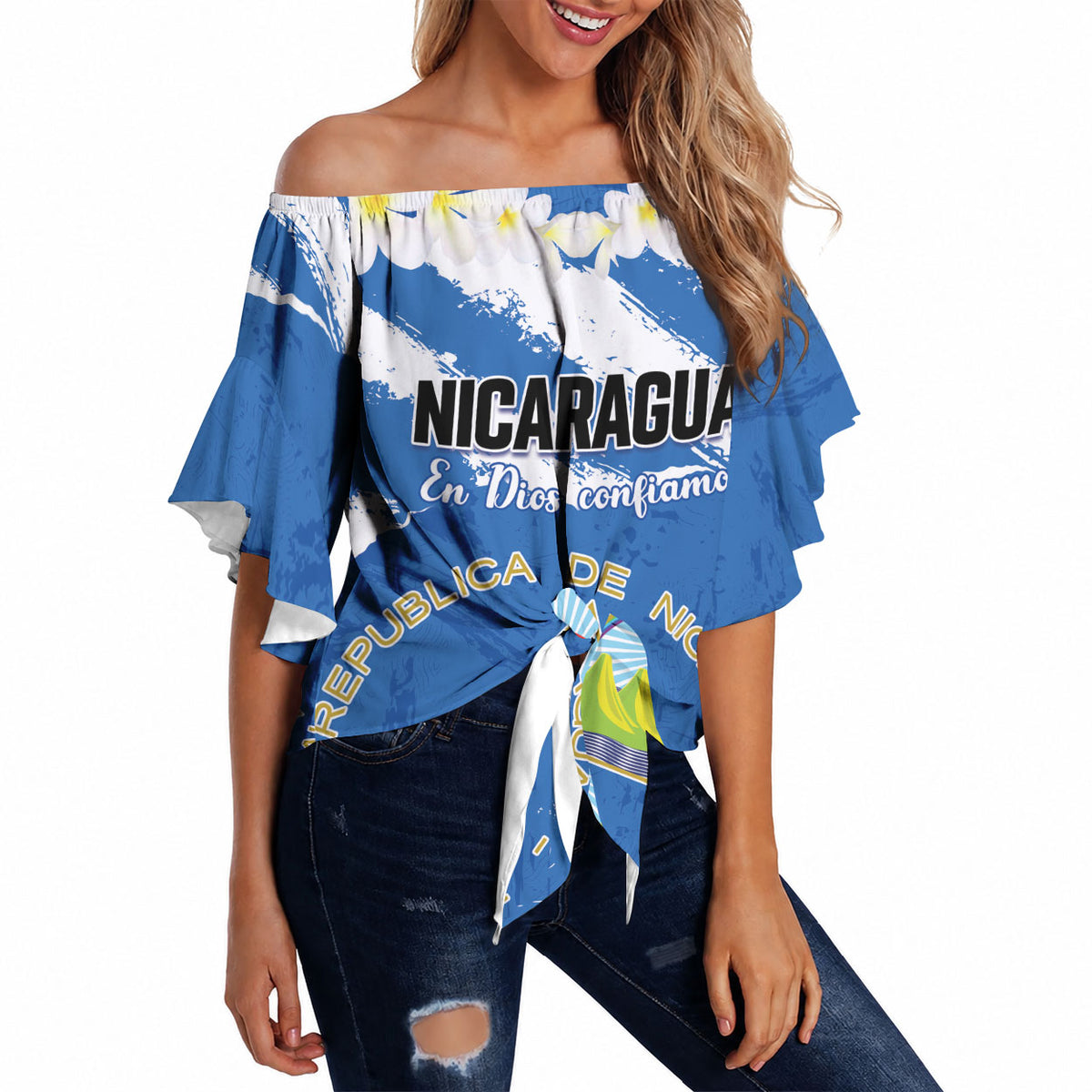 Personalized Nicaragua Sacuanjoche Off Shoulder Wrap Waist Top Happy Independence Day