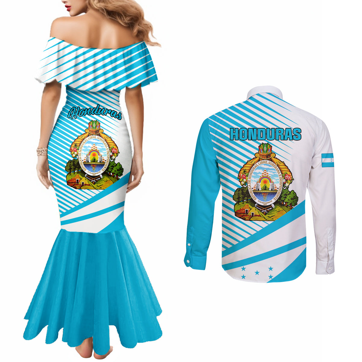 honduras-couples-matching-mermaid-dress-and-long-sleeve-button-shirts-coat-of-arms-with-scarlet-macaw