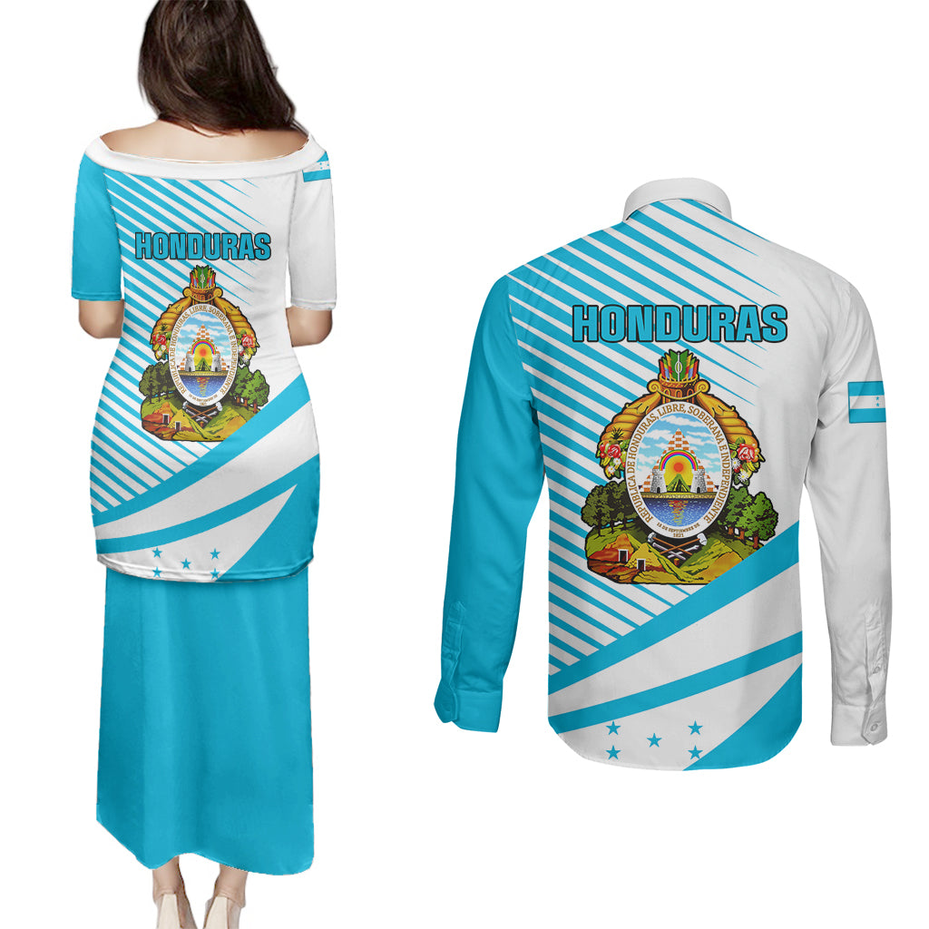 Honduras Couples Matching Puletasi Dress and Long Sleeve Button Shirts Coat Of Arms With Scarlet Macaw - Wonder Print Shop