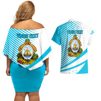 Personalised Honduras Couples Matching Off Shoulder Short Dress and Hawaiian Shirt Coat Of Arms With Scarlet Macaw - Wonder Print Shop