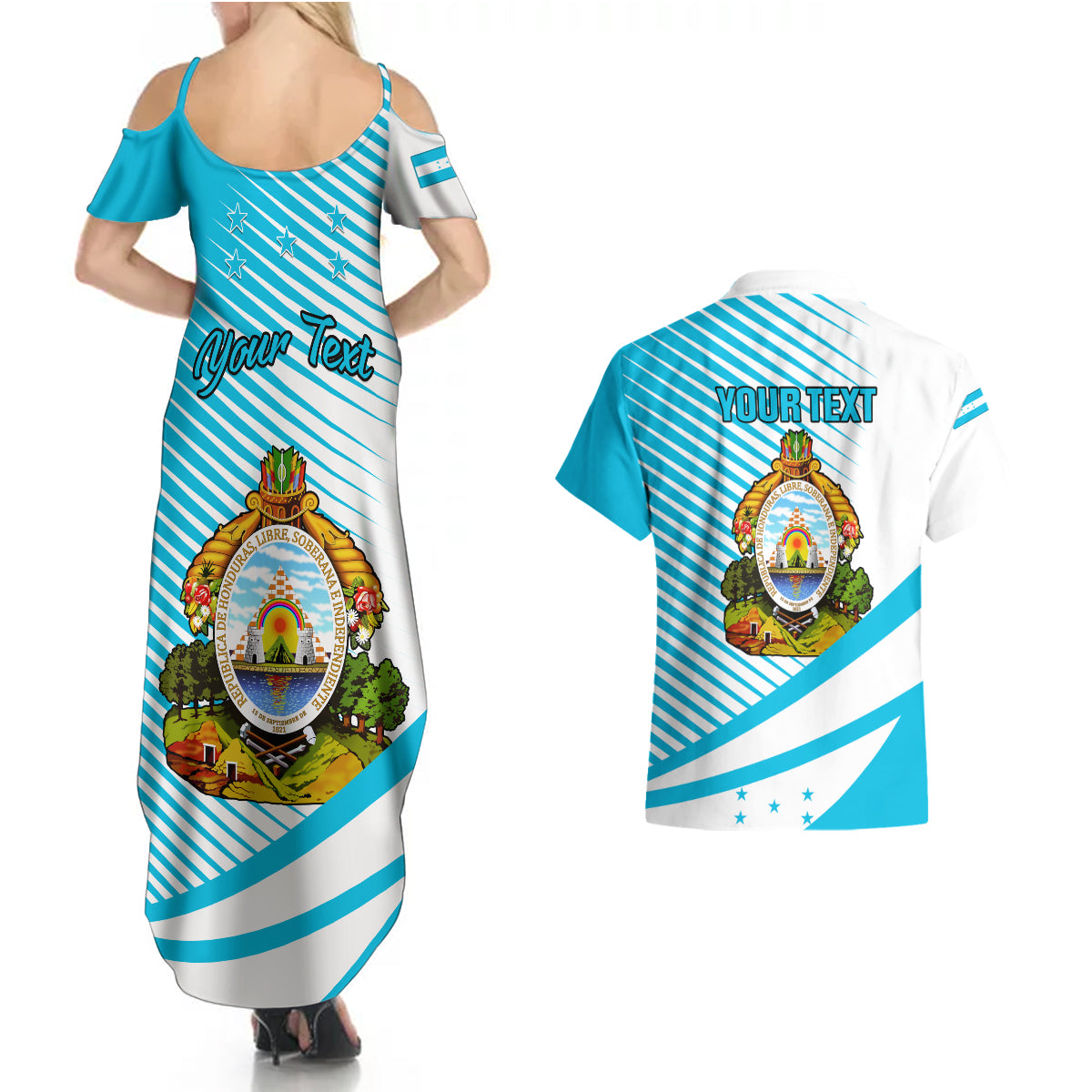 Personalised Honduras Couples Matching Summer Maxi Dress and Hawaiian Shirt Coat Of Arms With Scarlet Macaw - Wonder Print Shop