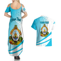 Personalised Honduras Couples Matching Summer Maxi Dress and Hawaiian Shirt Coat Of Arms With Scarlet Macaw - Wonder Print Shop