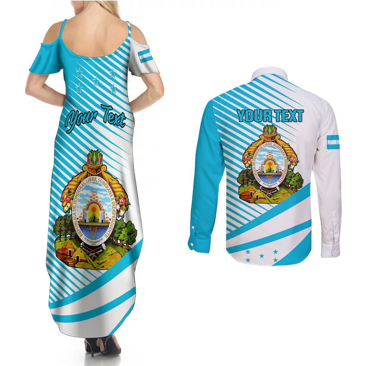 Personalised Honduras Couples Matching Summer Maxi Dress and Long Sleeve Button Shirts Coat Of Arms With Scarlet Macaw - Wonder Print Shop