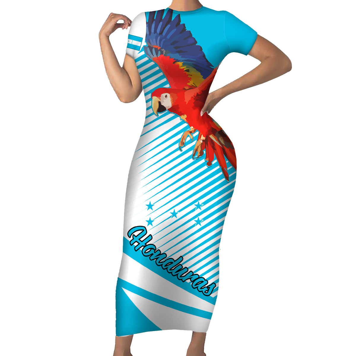 Personalised Honduras Short Sleeve Bodycon Dress Coat Of Arms With Scarlet Macaw - Wonder Print Shop