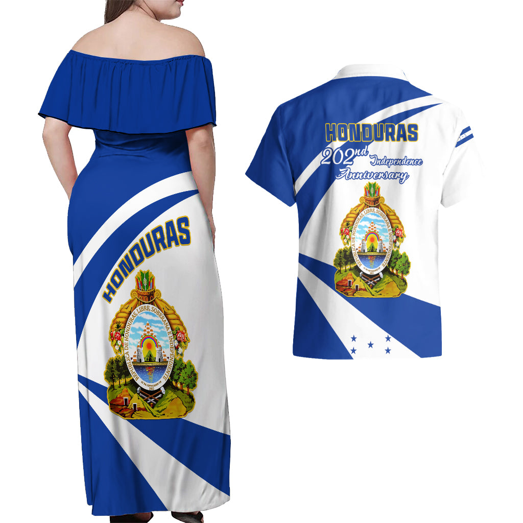 Honduras Independence Day Couples Matching Off Shoulder Maxi Dress and Hawaiian Shirt Map With Coat Of Arms - Wonder Print Shop