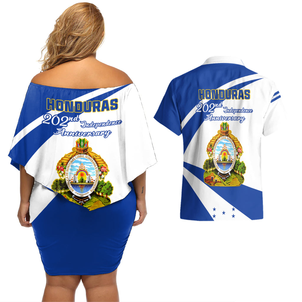 Honduras Independence Day Couples Matching Off Shoulder Short Dress and Hawaiian Shirt Map With Coat Of Arms - Wonder Print Shop