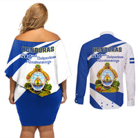 Honduras Independence Day Couples Matching Off Shoulder Short Dress and Long Sleeve Button Shirts Map With Coat Of Arms - Wonder Print Shop