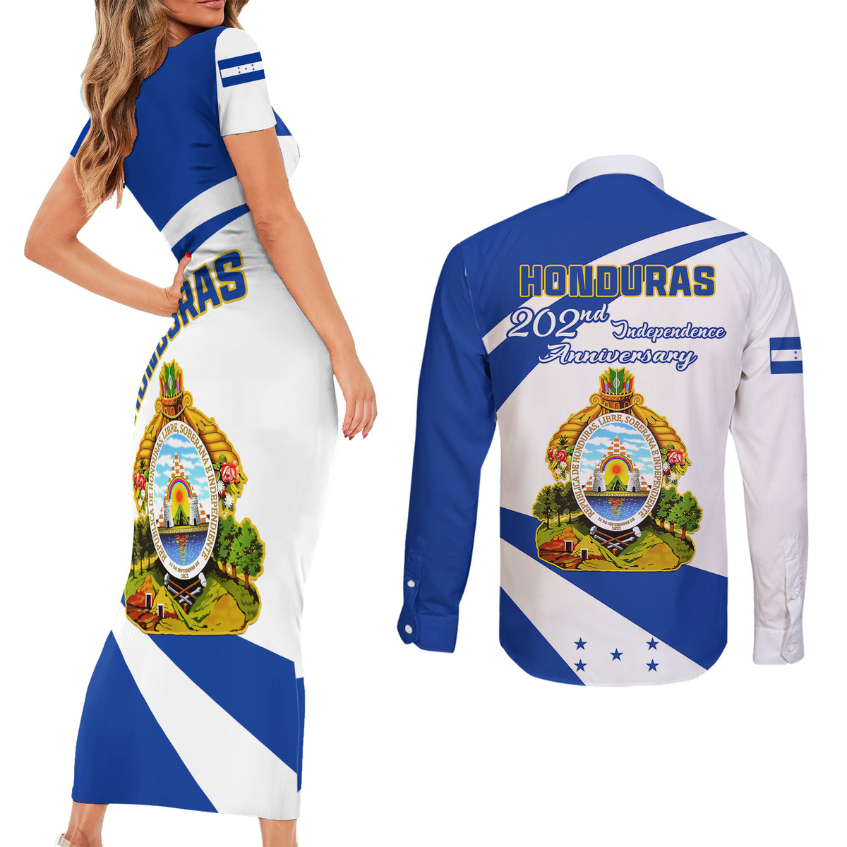 Honduras Independence Day Couples Matching Short Sleeve Bodycon Dress and Long Sleeve Button Shirts Map With Coat Of Arms - Wonder Print Shop