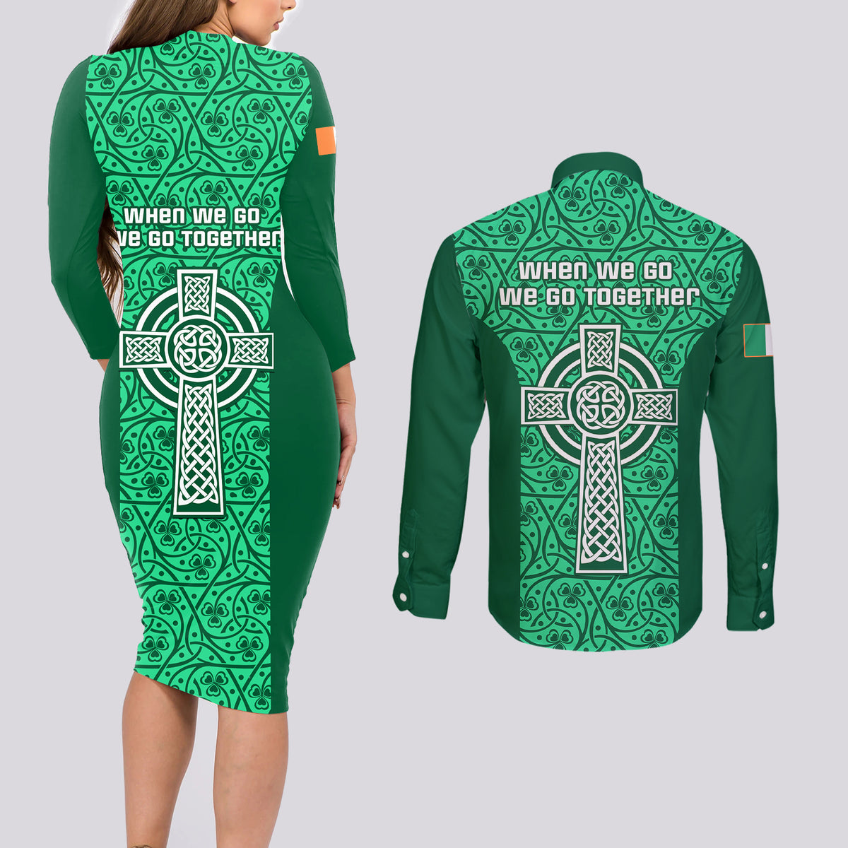 Ireland Rugby Couples Matching Long Sleeve Bodycon Dress and Long Sleeve Button Shirts Irish Celtic Cross Mix Shamrock Pattern - Wonder Print Shop
