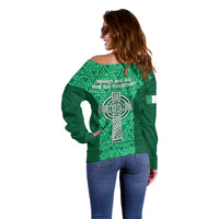 Ireland Rugby Off Shoulder Sweater Irish Celtic Cross Mix Shamrock Pattern - Wonder Print Shop