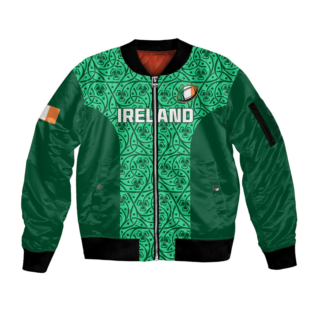 Ireland Rugby Sleeve Zip Bomber Jacket Irish Celtic Cross Mix Shamrock Pattern - Wonder Print Shop