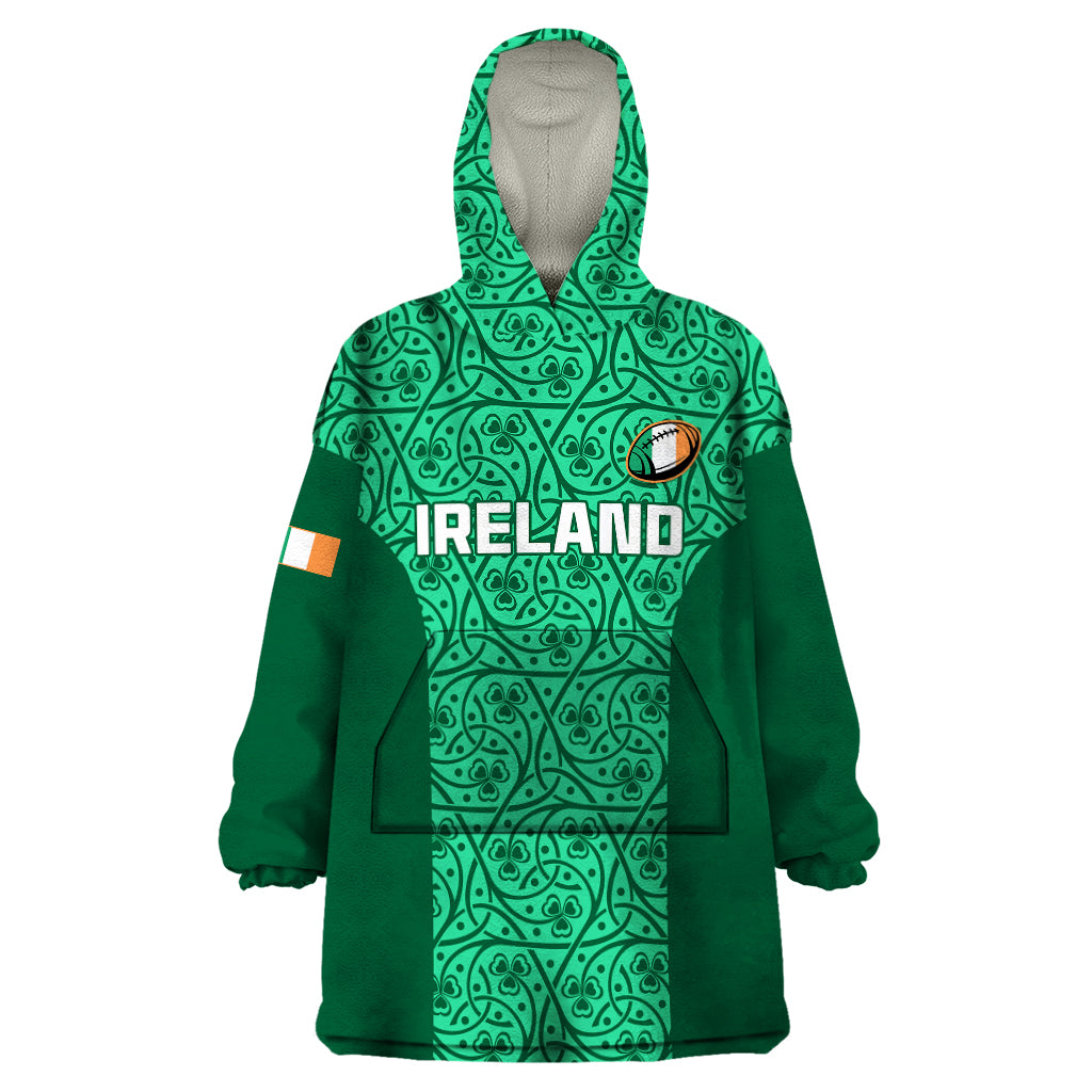 Ireland Rugby Wearable Blanket Hoodie Irish Celtic Cross Mix Shamrock Pattern - Wonder Print Shop