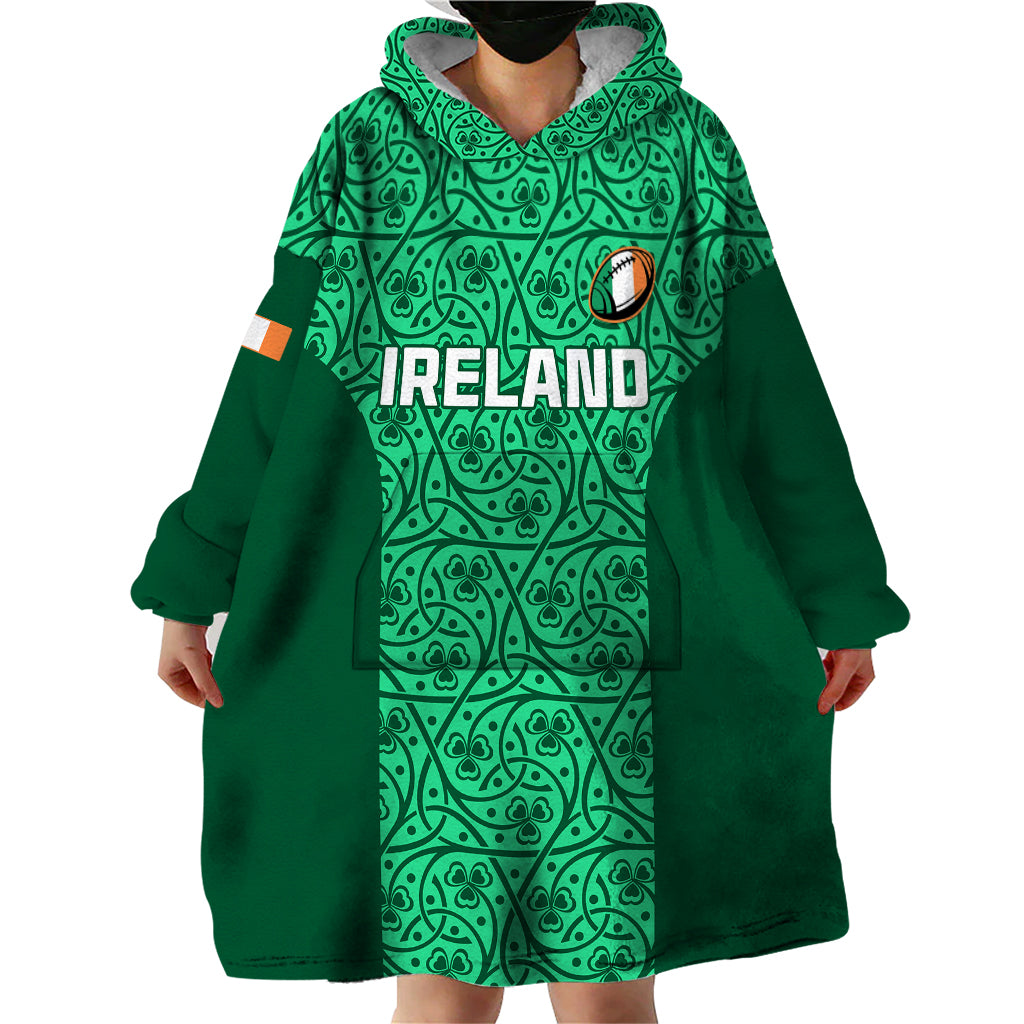 Ireland Rugby Wearable Blanket Hoodie Irish Celtic Cross Mix Shamrock Pattern - Wonder Print Shop
