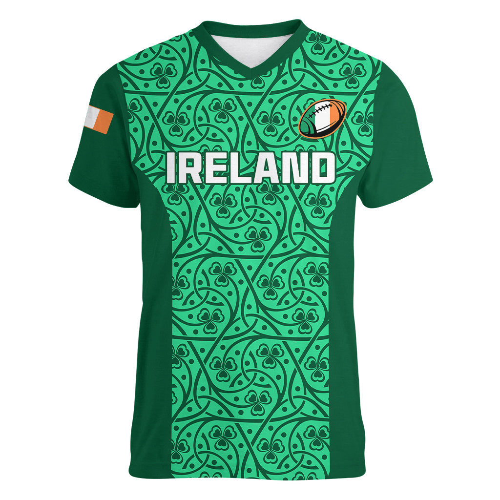 Ireland Rugby Women V Neck T Shirt Irish Celtic Cross Mix Shamrock Pattern - Wonder Print Shop