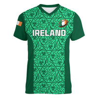 Ireland Rugby Women V Neck T Shirt Irish Celtic Cross Mix Shamrock Pattern - Wonder Print Shop