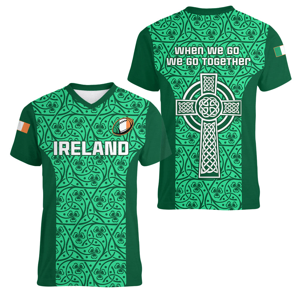 Ireland Rugby Women V Neck T Shirt Irish Celtic Cross Mix Shamrock Pattern - Wonder Print Shop