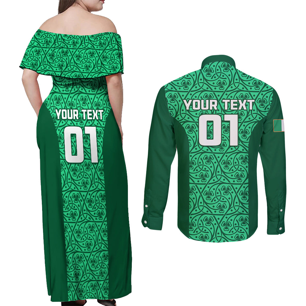 Custom Ireland Rugby Couples Matching Off Shoulder Maxi Dress and Long Sleeve Button Shirts Irish Celtic Cross Mix Shamrock Pattern - Wonder Print Shop