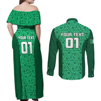 Custom Ireland Rugby Couples Matching Off Shoulder Maxi Dress and Long Sleeve Button Shirts Irish Celtic Cross Mix Shamrock Pattern - Wonder Print Shop