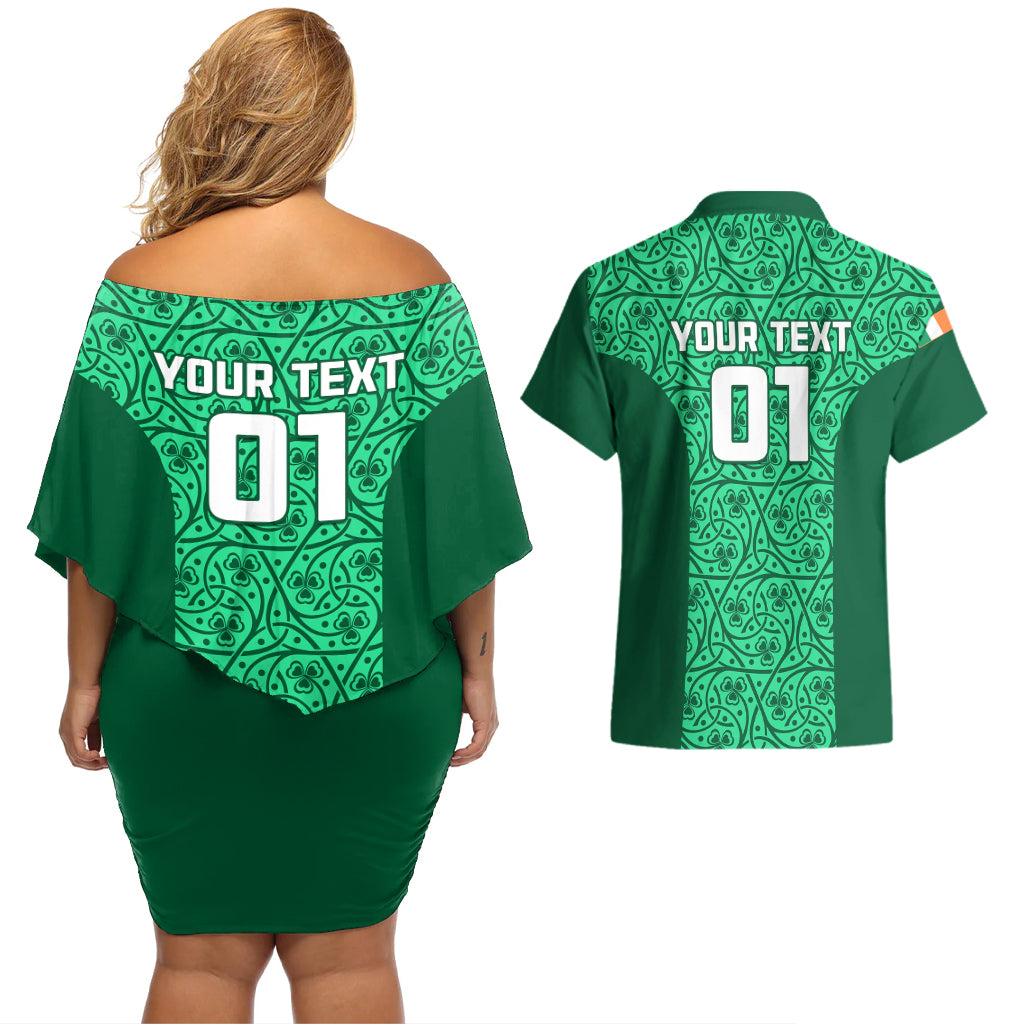 Custom Ireland Rugby Couples Matching Off Shoulder Short Dress and Hawaiian Shirt Irish Celtic Cross Mix Shamrock Pattern - Wonder Print Shop