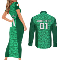Custom Ireland Rugby Couples Matching Short Sleeve Bodycon Dress and Long Sleeve Button Shirts Irish Celtic Cross Mix Shamrock Pattern - Wonder Print Shop