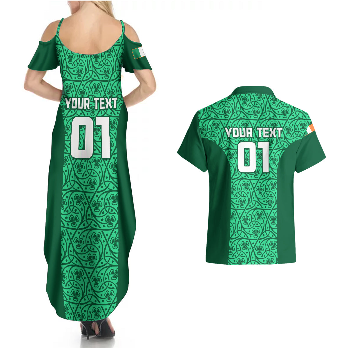 Custom Ireland Rugby Couples Matching Summer Maxi Dress and Hawaiian Shirt Irish Celtic Cross Mix Shamrock Pattern - Wonder Print Shop