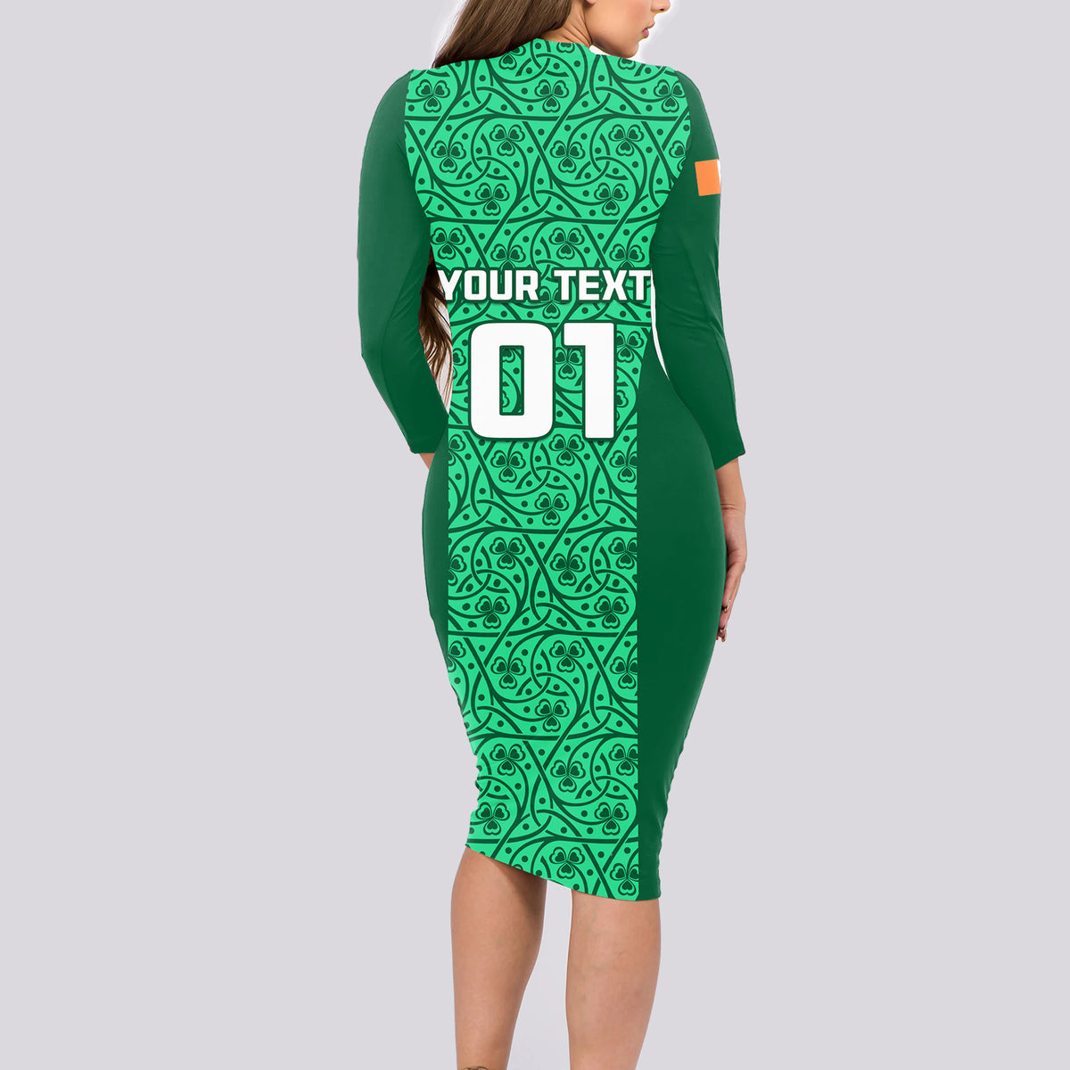 Custom Ireland Rugby Long Sleeve Bodycon Dress Irish Celtic Cross Mix Shamrock Pattern - Wonder Print Shop