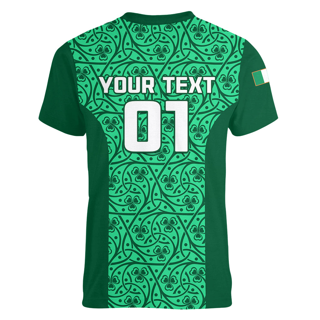 Custom Ireland Rugby Women V Neck T Shirt Irish Celtic Cross Mix Shamrock Pattern - Wonder Print Shop