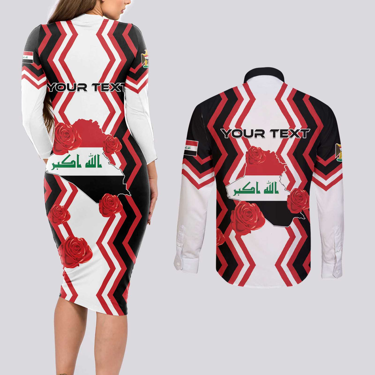 Personalized Iraq Independence Day Couples Matching Long Sleeve Bodycon Dress and Long Sleeve Button Shirt Dove Carrying Flag - Wonder Print Shop