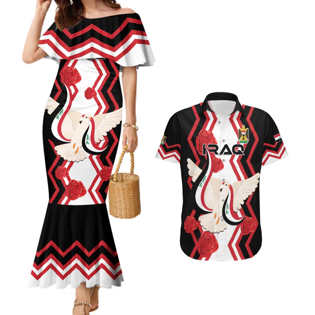 Personalized Iraq Independence Day Couples Matching Mermaid Dress and Hawaiian Shirt Dove Carrying Flag - Wonder Print Shop