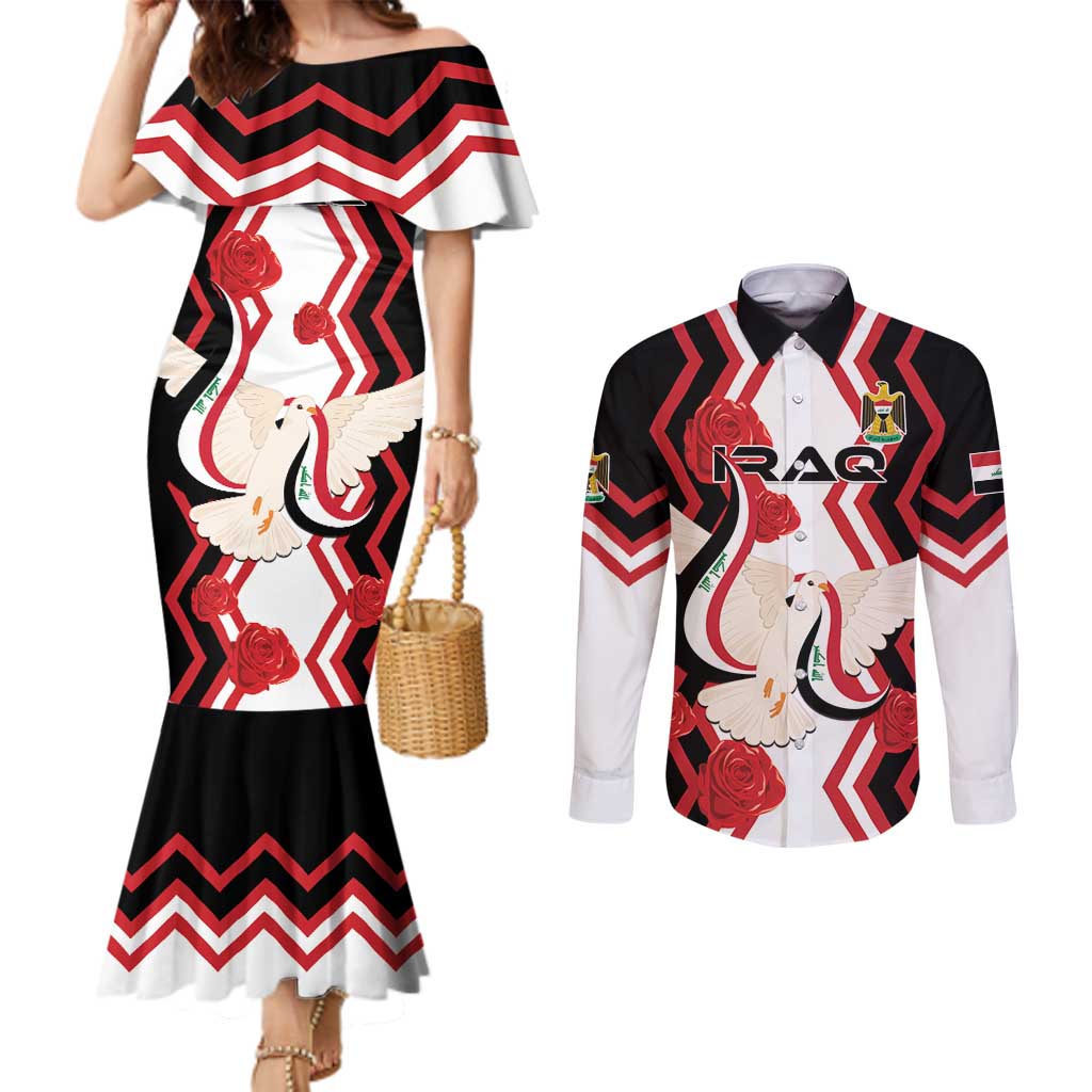 Personalized Iraq Independence Day Couples Matching Mermaid Dress and Long Sleeve Button Shirt Dove Carrying Flag