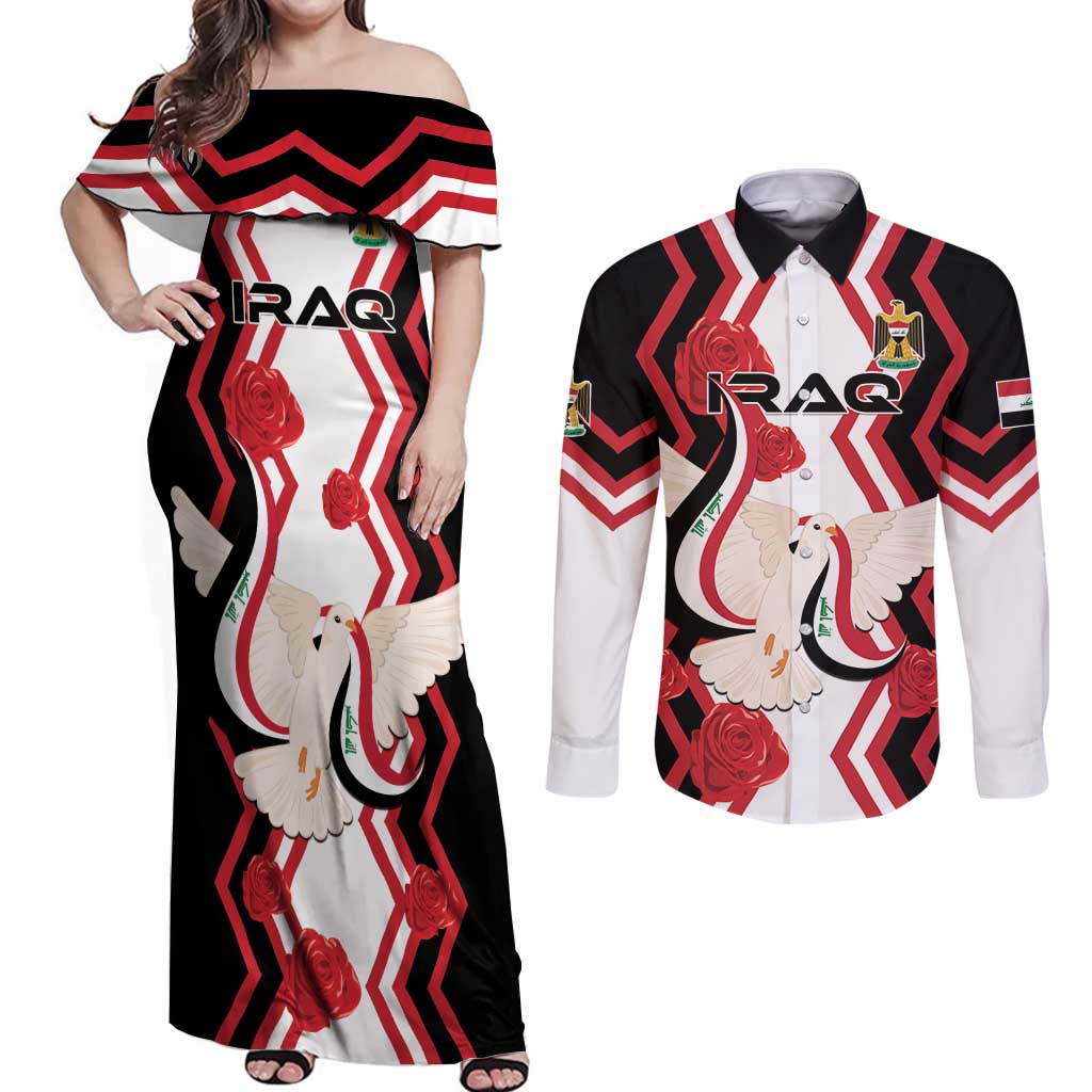 Personalized Iraq Independence Day Couples Matching Off Shoulder Maxi Dress and Long Sleeve Button Shirt Dove Carrying Flag - Wonder Print Shop