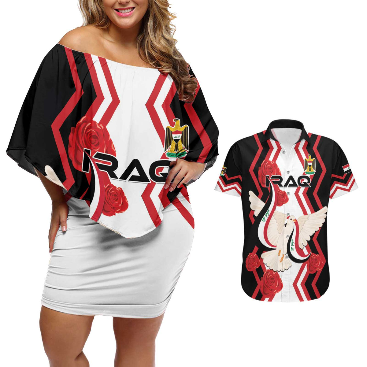 Personalized Iraq Independence Day Couples Matching Off Shoulder Short Dress and Hawaiian Shirt Dove Carrying Flag - Wonder Print Shop