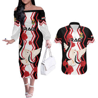 Personalized Iraq Independence Day Couples Matching Off The Shoulder Long Sleeve Dress and Hawaiian Shirt Dove Carrying Flag - Wonder Print Shop