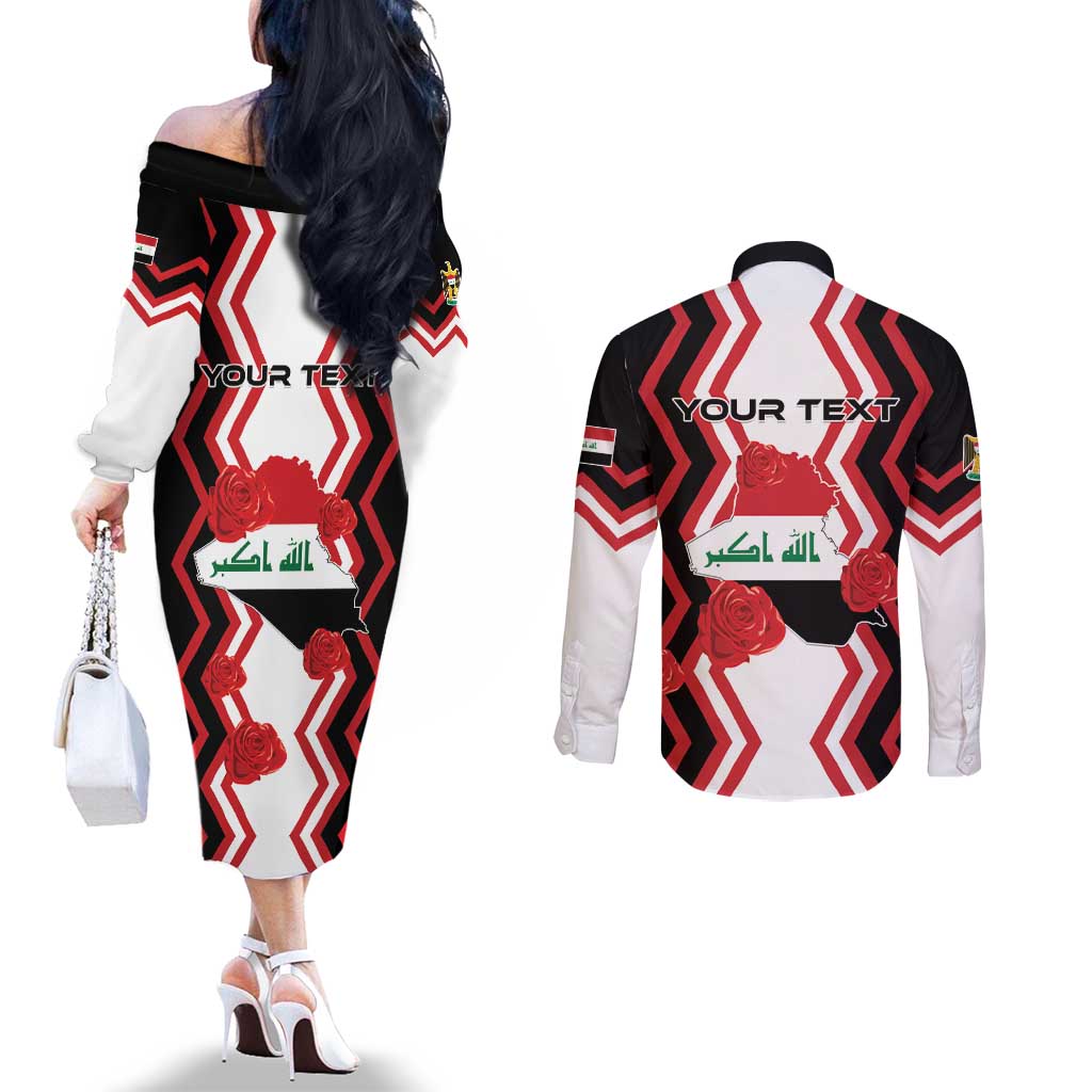 Personalized Iraq Independence Day Couples Matching Off The Shoulder Long Sleeve Dress and Long Sleeve Button Shirt Dove Carrying Flag