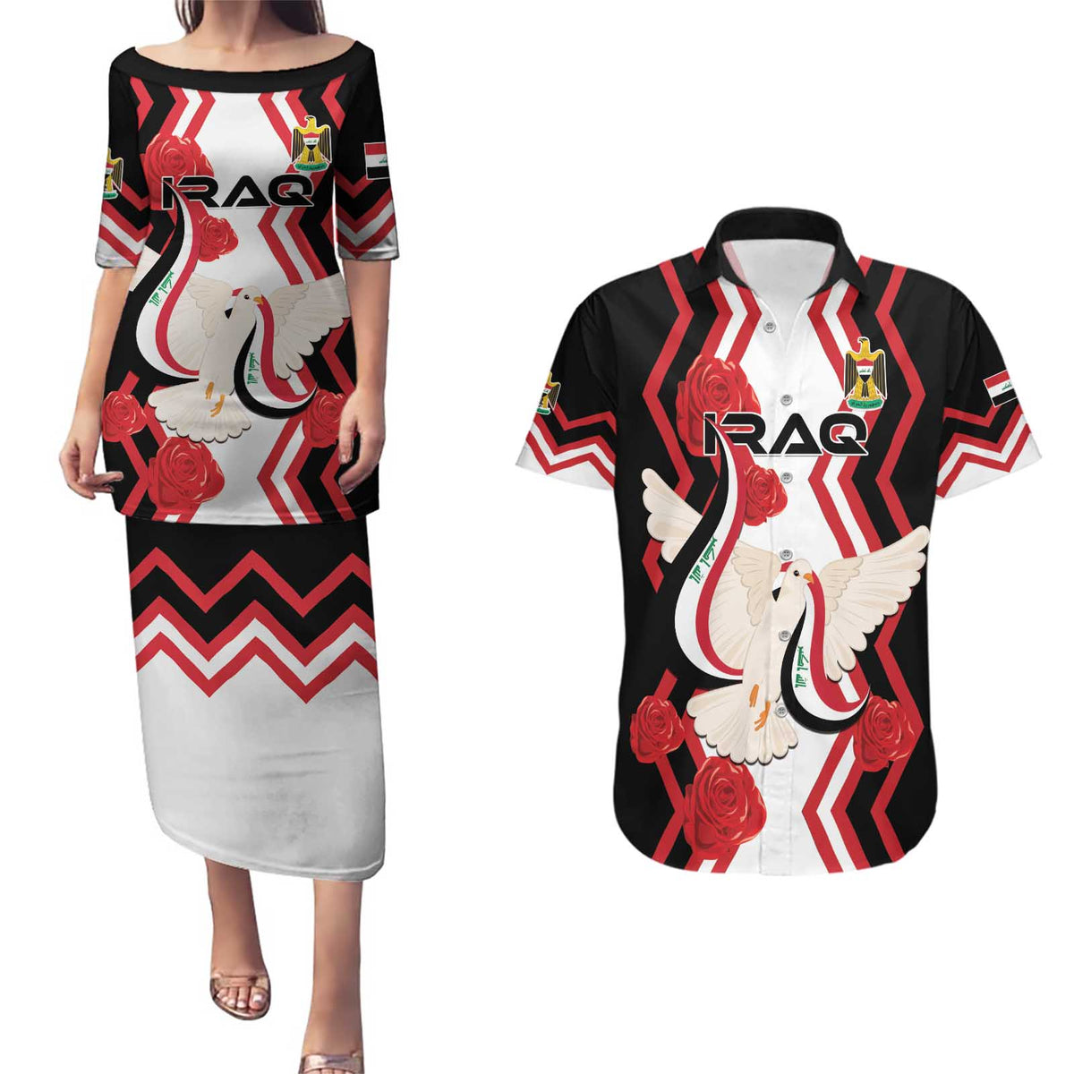 Personalized Iraq Independence Day Couples Matching Puletasi and Hawaiian Shirt Dove Carrying Flag - Wonder Print Shop