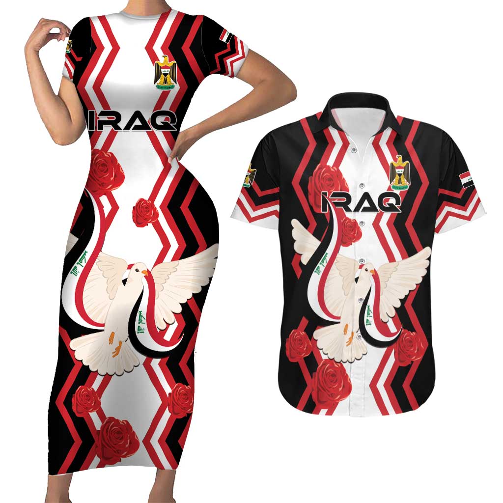 Personalized Iraq Independence Day Couples Matching Short Sleeve Bodycon Dress and Hawaiian Shirt Dove Carrying Flag - Wonder Print Shop
