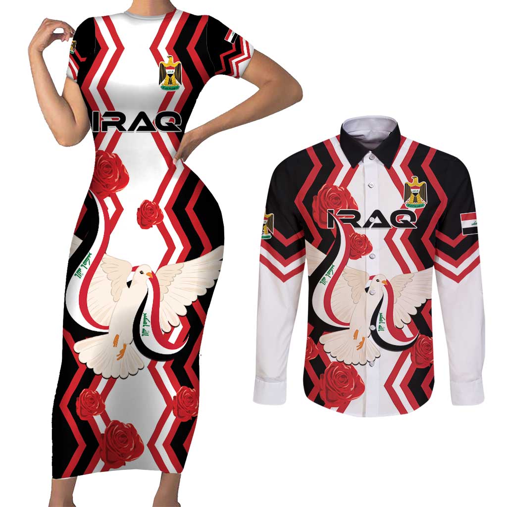 Personalized Iraq Independence Day Couples Matching Short Sleeve Bodycon Dress and Long Sleeve Button Shirt Dove Carrying Flag - Wonder Print Shop