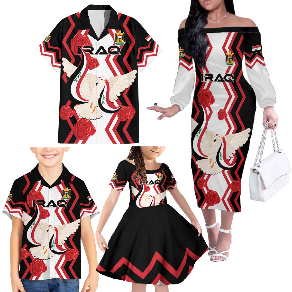 Personalized Iraq Independence Day Family Matching Off The Shoulder Long Sleeve Dress and Hawaiian Shirt Dove Carrying Flag - Wonder Print Shop