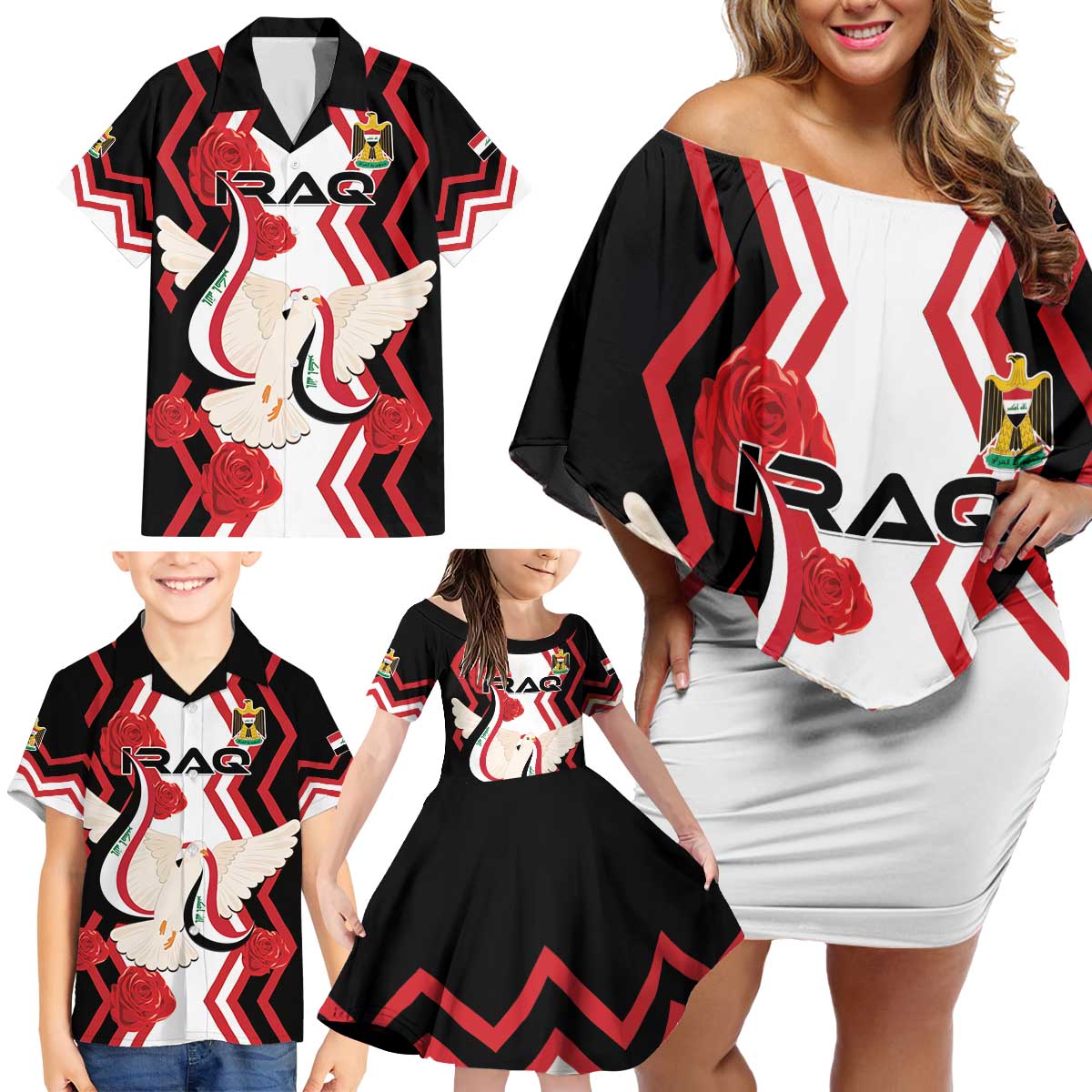 Personalized Iraq Independence Day Family Matching Off Shoulder Short Dress and Hawaiian Shirt Dove Carrying Flag - Wonder Print Shop