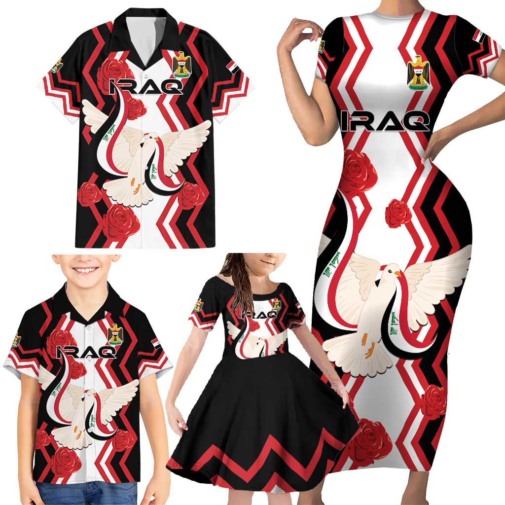 Personalized Iraq Independence Day Family Matching Short Sleeve Bodycon Dress and Hawaiian Shirt Dove Carrying Flag - Wonder Print Shop