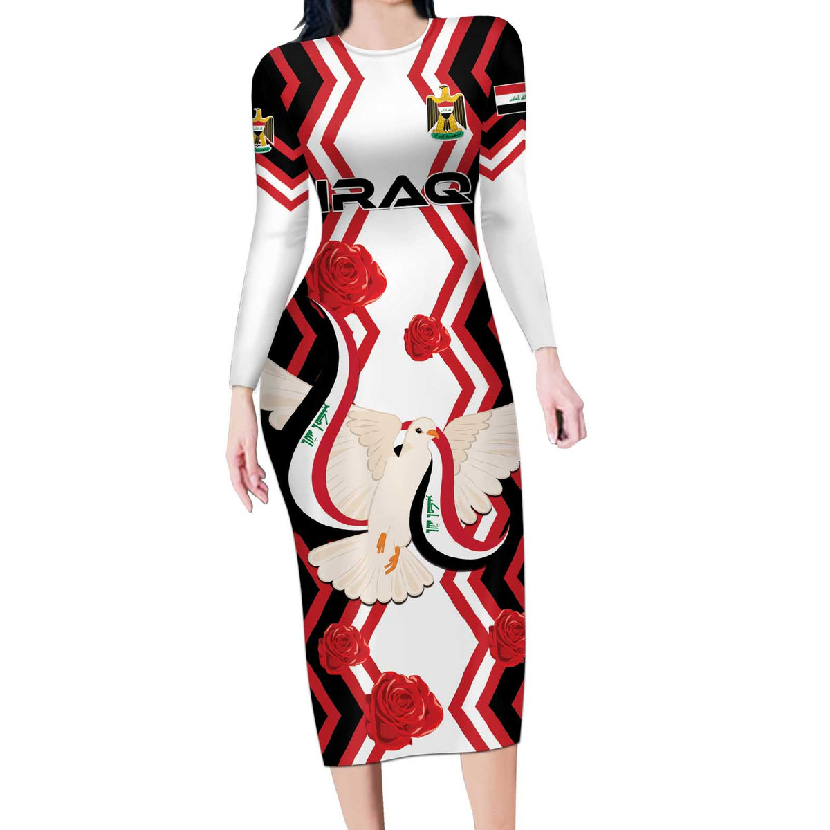 Personalized Iraq Independence Day Long Sleeve Bodycon Dress Dove Carrying Flag - Wonder Print Shop