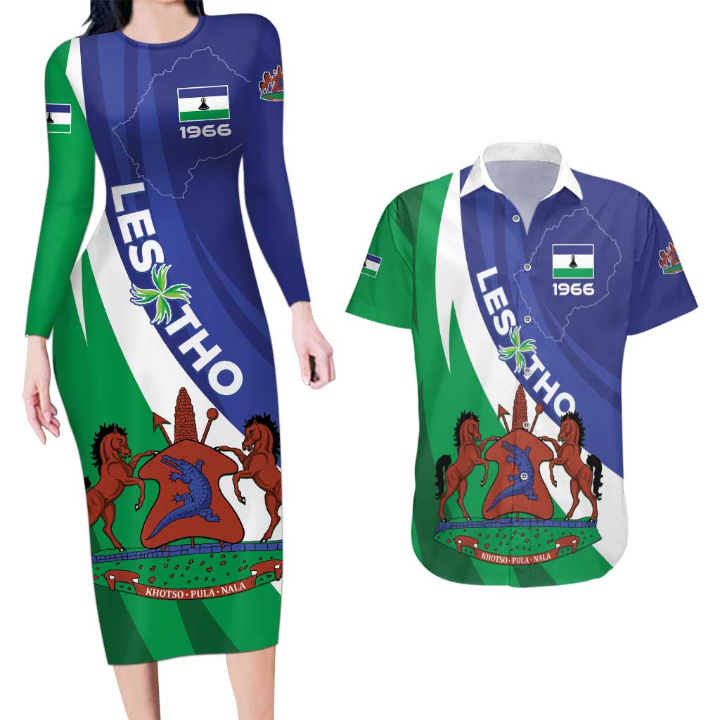 Lesotho 1966 Unique Couples Matching Long Sleeve Bodycon Dress and Hawaiian Shirt Spiral Aloe Coat of Arms - Wonder Print Shop