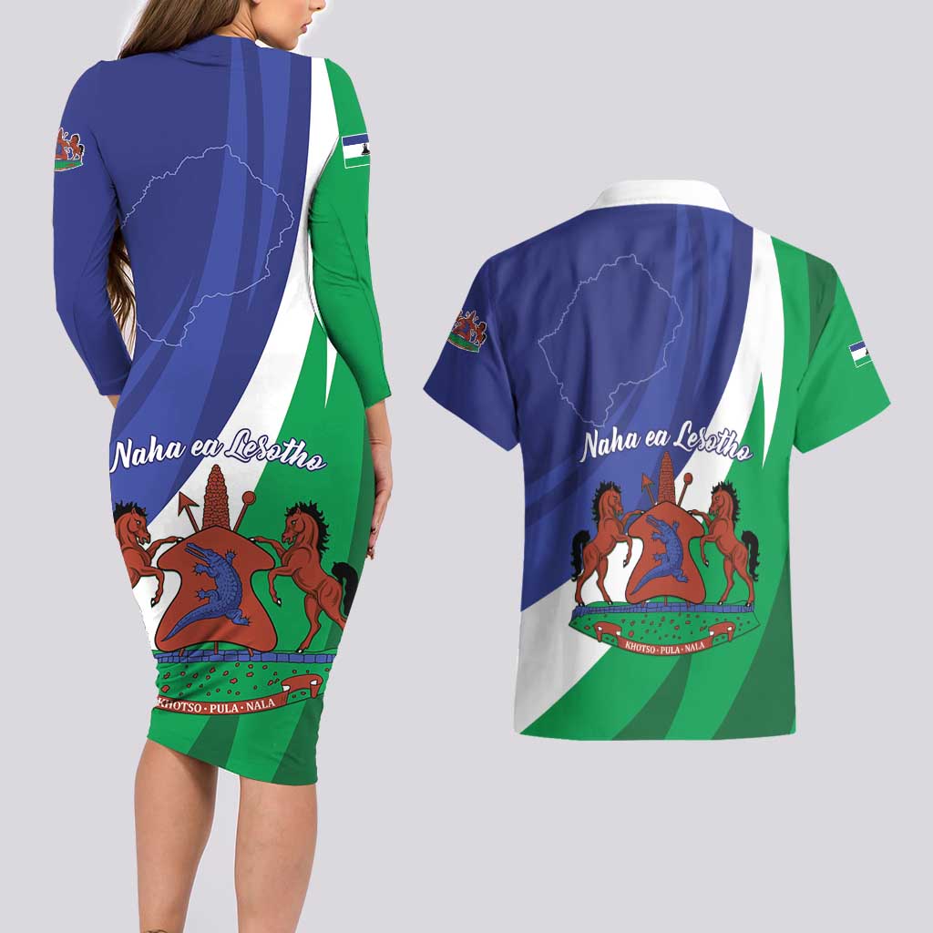 Lesotho 1966 Unique Couples Matching Long Sleeve Bodycon Dress and Hawaiian Shirt Spiral Aloe Coat of Arms - Wonder Print Shop
