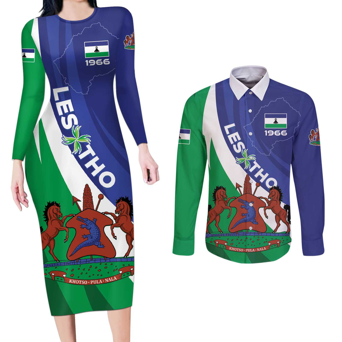 Lesotho 1966 Unique Couples Matching Long Sleeve Bodycon Dress and Long Sleeve Button Shirt Spiral Aloe Coat of Arms - Wonder Print Shop