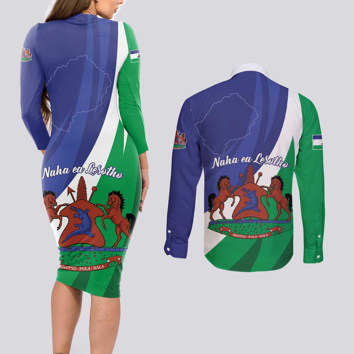 Lesotho 1966 Unique Couples Matching Long Sleeve Bodycon Dress and Long Sleeve Button Shirt Spiral Aloe Coat of Arms - Wonder Print Shop